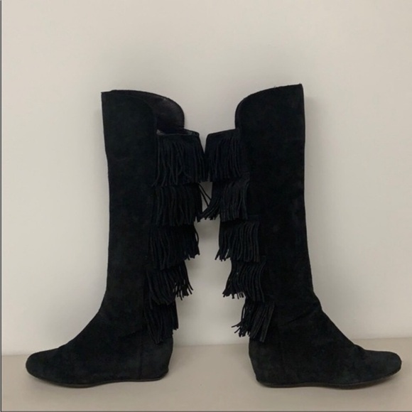 Isola Tavora Fringe Women’s Knee-high Wedge Boot Black Suede size 7.5 M - Picture 5 of 8
